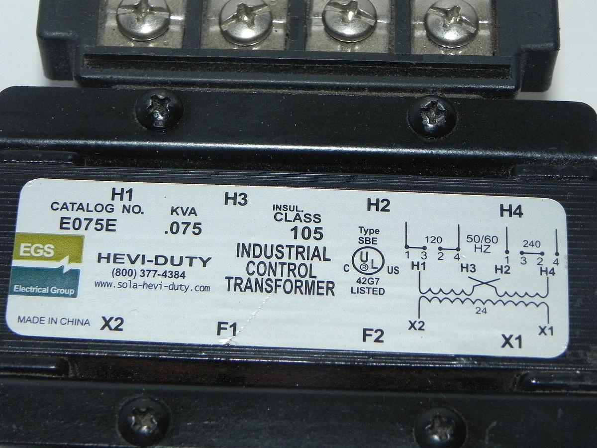 Used SOLA E075E INDUSTRIAL CONTROL TRANSFORMER .075 KVA CLASS 105 HEVI-DUTY