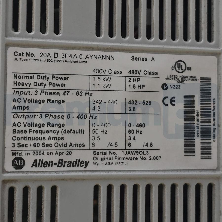 Used Allen-Bradley 20AD3P4A0AYNANNN /A PowerFlex 70 VFD AC Drive 2HP 3Ph 480VAC XLNT