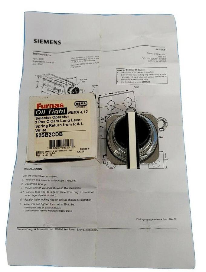 Used NIB FURNAS 52SB2CDB OIL TIGHT SELECTOR OPERATOR 3-POS. C CAM LONG LEVER