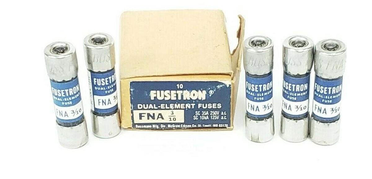 Used BOX OF 5 NEW COOPER BUSSMANN FNA 3/10 FUSETRON DUAL-ELEMENT FUSES