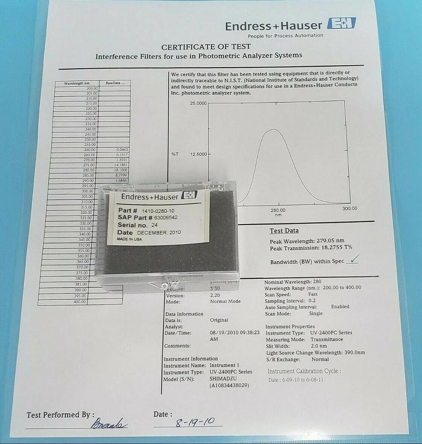 Used NEW ENDRESS + HAUSER 1410-0280-10 INTERFERENCE FILTER 63006542 REV. H 280BP10