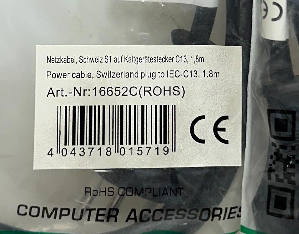 Used 2 INLINE 16652C POWER CABLES SWITZERLAND PLUG TO IEC-C13 1.8M LENGTH NSMP