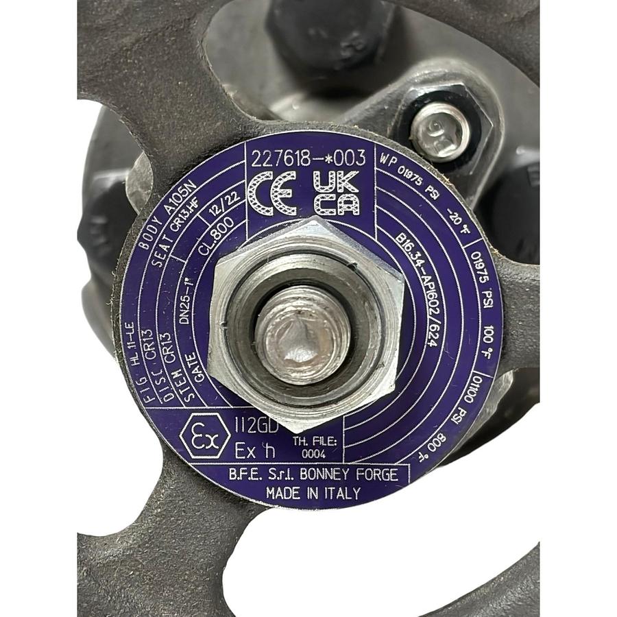 Used Bonney Forge 1" Gate Valve Class 800 A105N Carbon Steel HL11-LE New Surplus