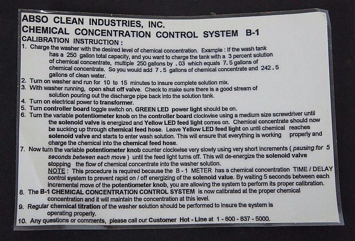 Used NIB ABSO CLEAN CHEMICAL CONCENTRATION CONTROL SYSTEM B-1