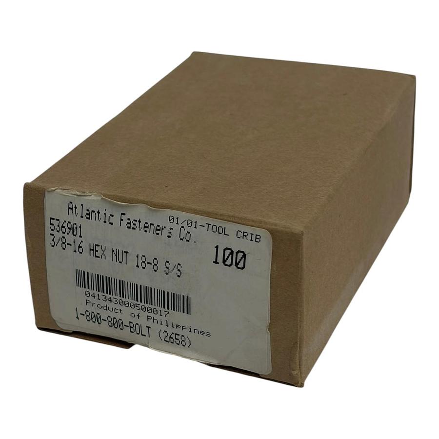 Used Atlantic Fasteners 3/8-16 Hex Nut 18-8 Stainless Steel Box of 100 Fasteners
