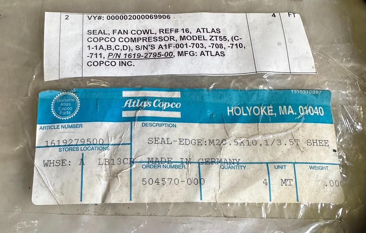 Used NEW ATLAS COPCO 1619-2795-00 / 1619279500 SEAL-EDGE: M20.5X10,1/3.5T SHEE 5FT