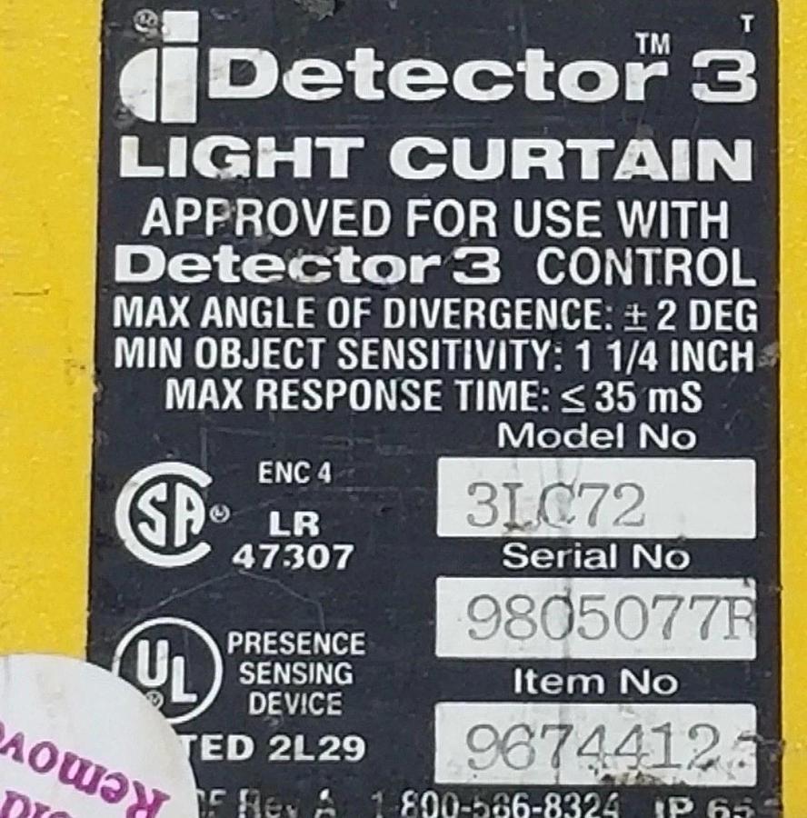 Refurbished HONEYWELL 3LC72 LIGHT CURTAIN DETECTOR 3 TRANSMITTER 72'' 9674412 (REPAIRED)