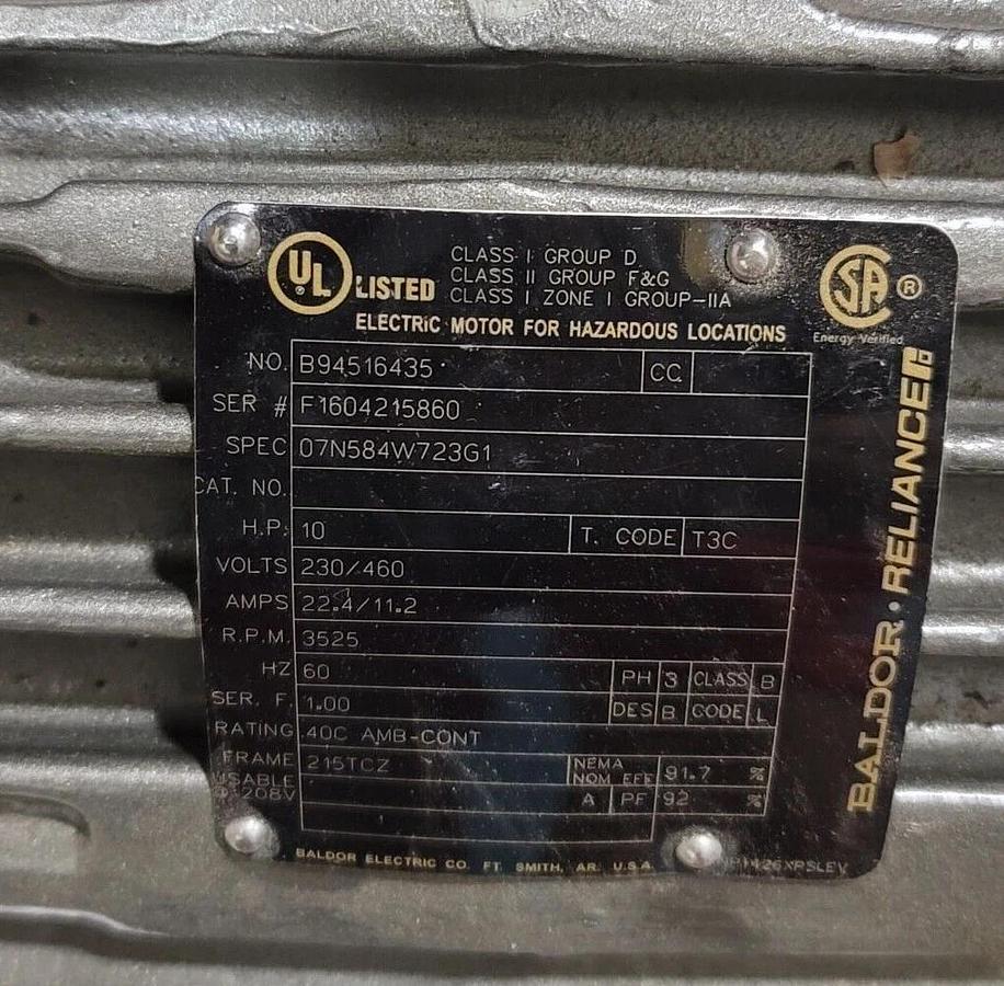 Used BALDOR RELIANCE ELECTRIC B94516435 ELECTRIC MOTOR 10HP 07N584W723G1