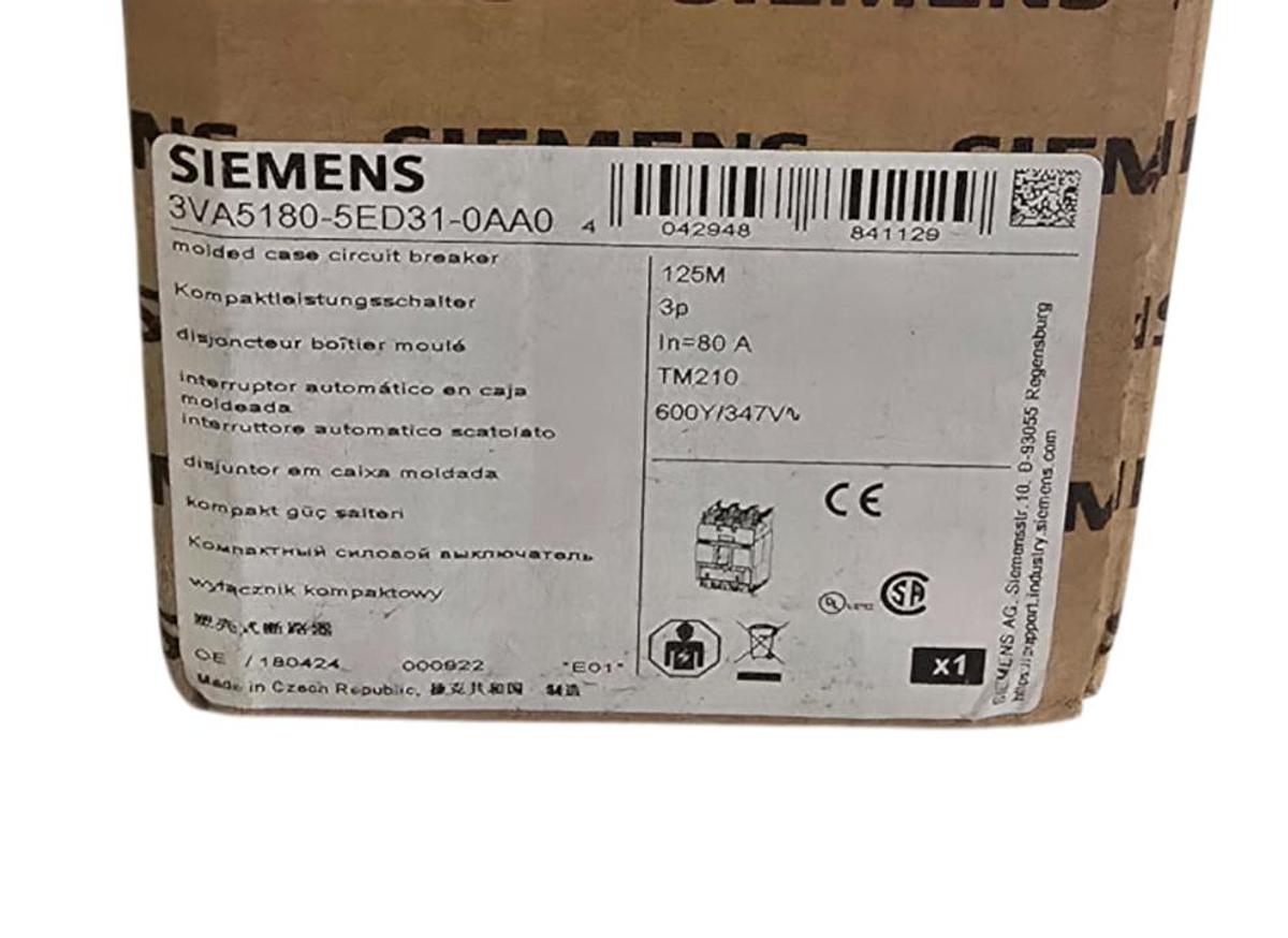Used SIEMENS 3VA5180-5ED31-0AA0 - 3VA5 SENTRON MCCB CIRCUIT BREAKER 3P 80A 125M NSMP