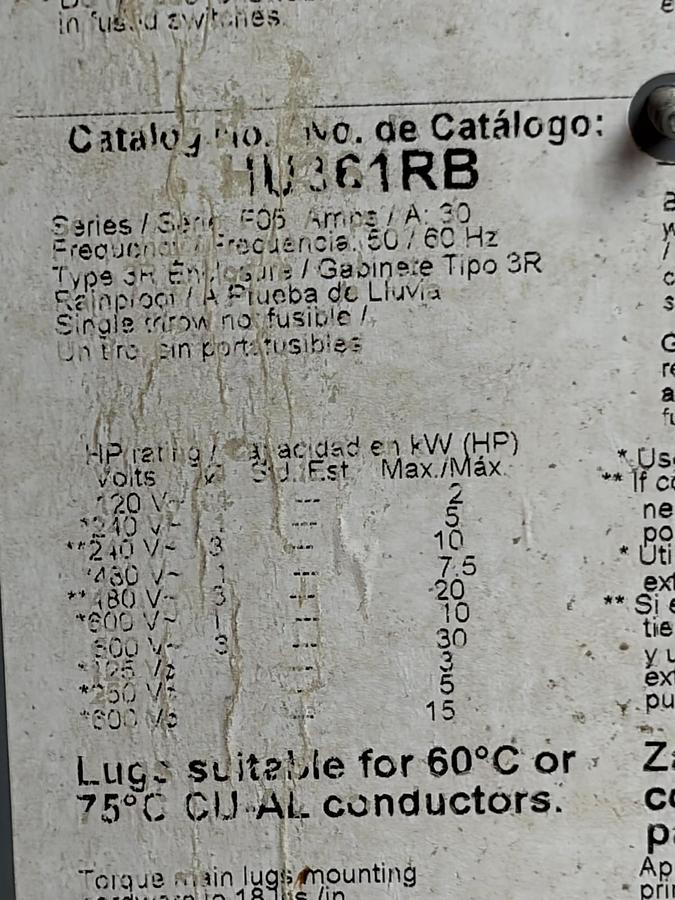 Used Square D HU361RB Heavy Duty Non-Fusible Safety Switch 30A 600V NEMA 3R