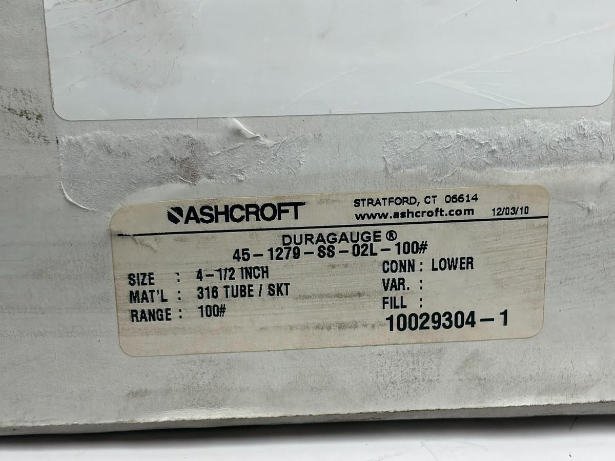Used Ashcroft 45-1279-SS-02L-100# Duragauge 4.5" Pressure Gauge 100 PSI New Surplus