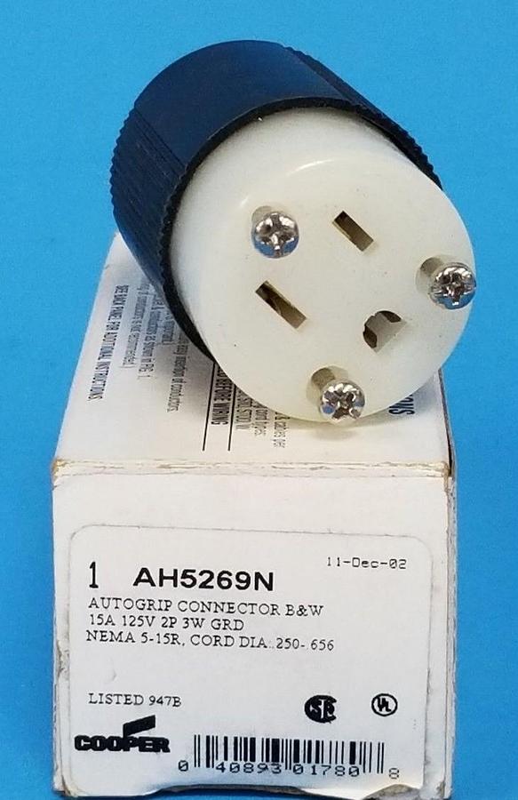 Used NIB COOPER ARROW HART AH5269N AUTOGRIP CONNECTOR B&W 15A 125V 2P 3W GRD