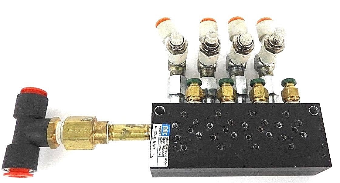 Used MAC CIRCUIT BAR W/ (4) SMC AS2201F-N01-04K FLOW CONTROL FITTINGS