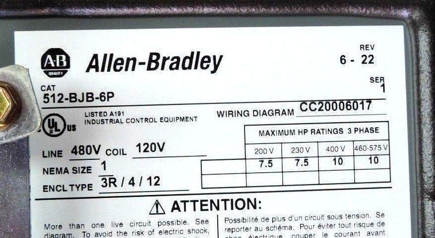 Used NIB ALLEN BRADLEY 512-BJB-6P STARTER W/DISCONNECT SWITCH SER 1 REV 6-22 512BJB6P