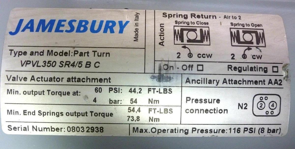 Jamesbury VPVL350 SR4/5 B C Valv-Powr Actuator w/815W113600XZ 3" Butterfly Valve