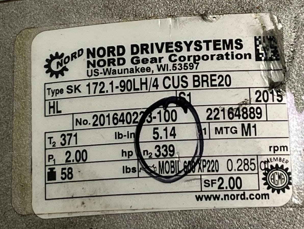 Used NORD Gearmotor SK 172.1-90LH/4 CUS BRE20 HL 2 HP 339 RPM 230/460V Inverter Duty
