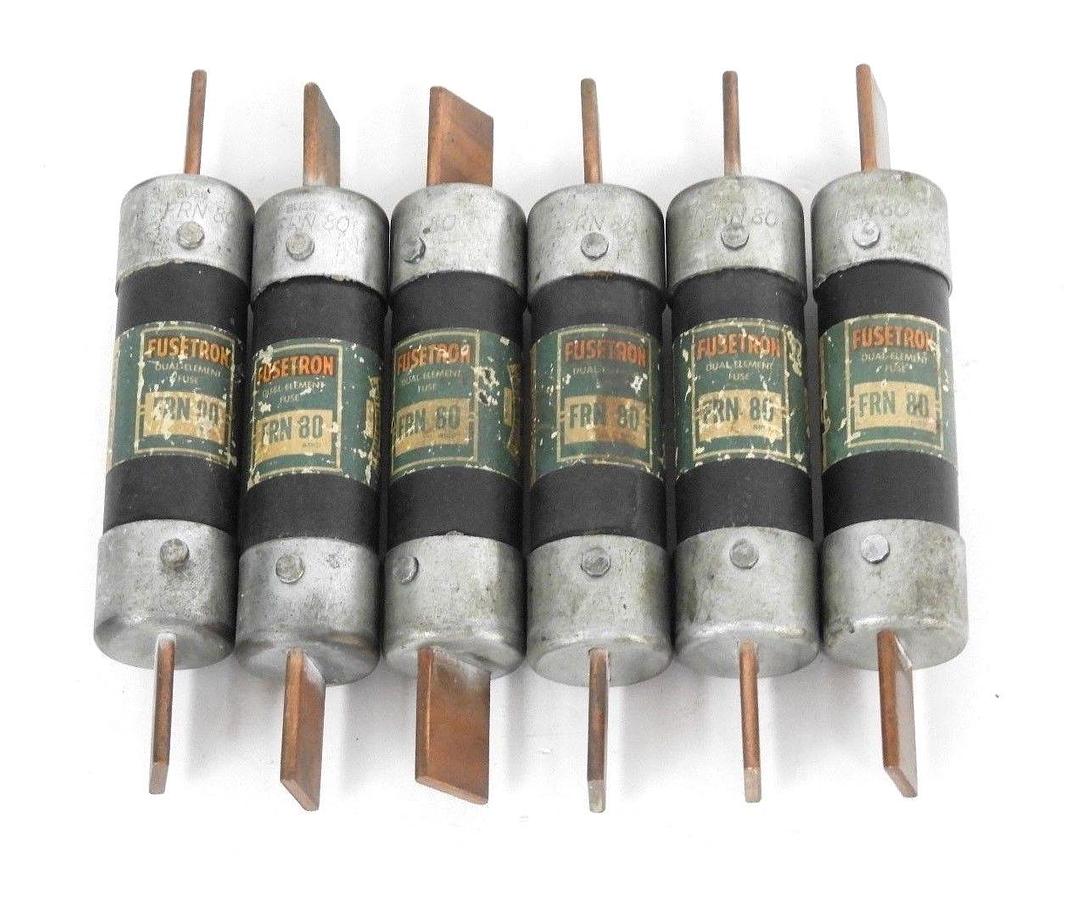 Used LOT OF 6 BUSSMAN FUSETRON FRN-80 DUAL-ELEMENT FUSES, 80A, 250V