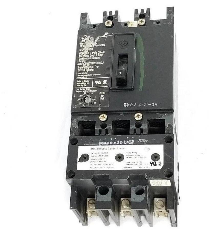 Used WESTINGHOUSE 2607D80G03 CIRCUIT BREAKER MCP0358CR , 7AMP 3POLE 600VAC, EL3007R