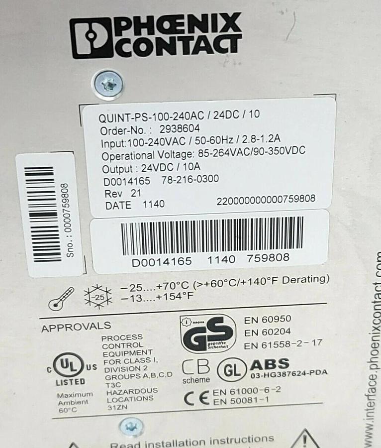 Used PHOENIX CONTACT QUINT-PS-100-240AC/24DC/10 POWER SUPPLY ORDER NO. 2938604