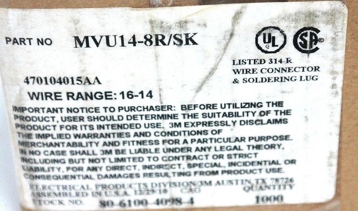 Used BOX OF 1000 NEW 3M MVU14-8R/SK RING TONGUE TERMINALS, 16-14 AWG, #8, MVU148RSK