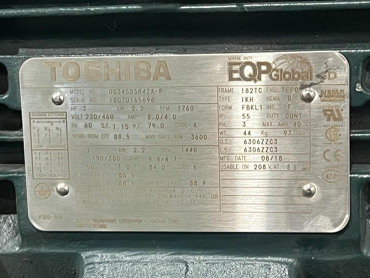 Used Toshiba 0034SDSR42A-P AC Motor | 3 HP | 1800 RPM | 3-Phase 460V | C-Face 182TC