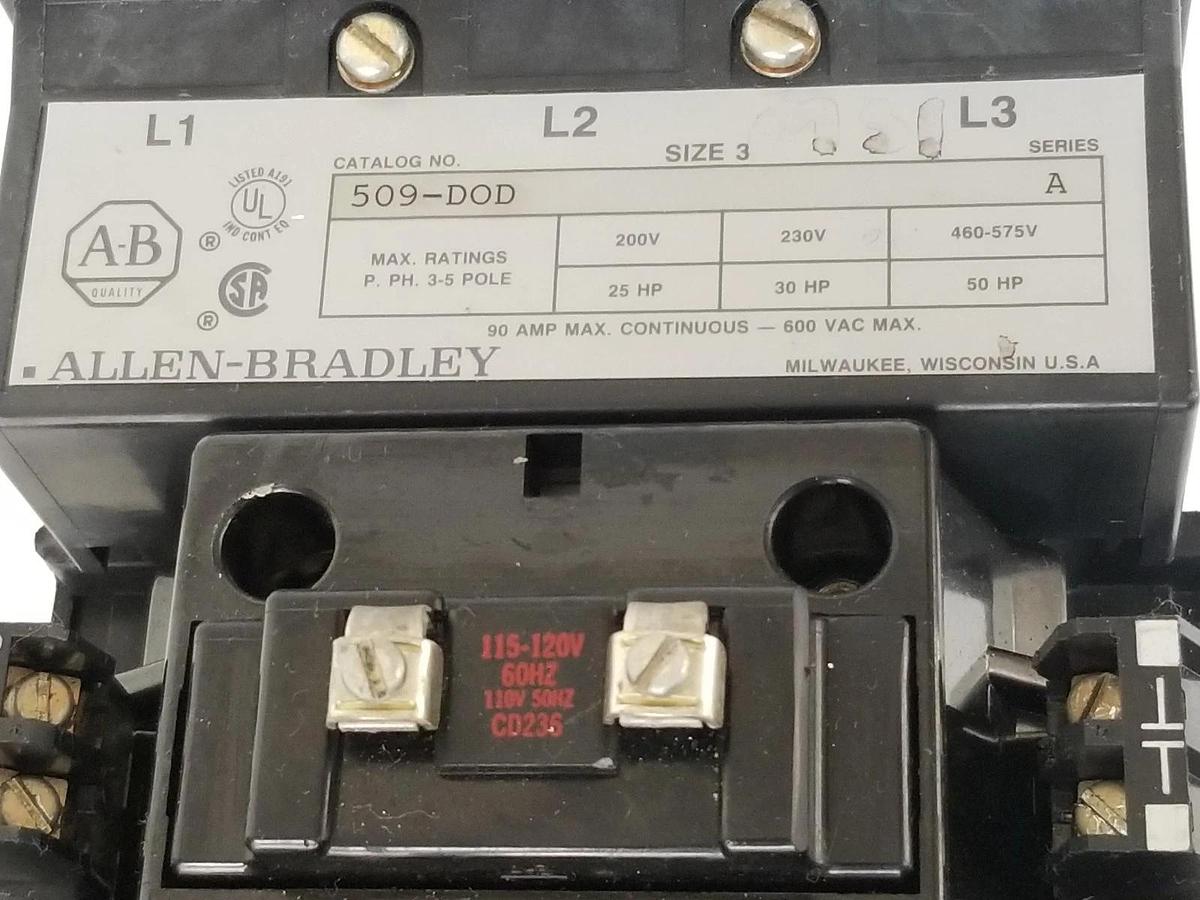 Used ALLEN BRADLEY 509-DOD STARTER SER A, SIZE 3, 90AMP, 600VAC, 509DOD W/ CD236 COIL