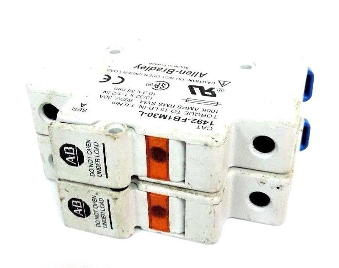 Used LOT OF 2 ALLEN BRADLEY 1492-FB1M30-L FUSE HOLDERS W/ FNM FUSES 1492FB1M30L