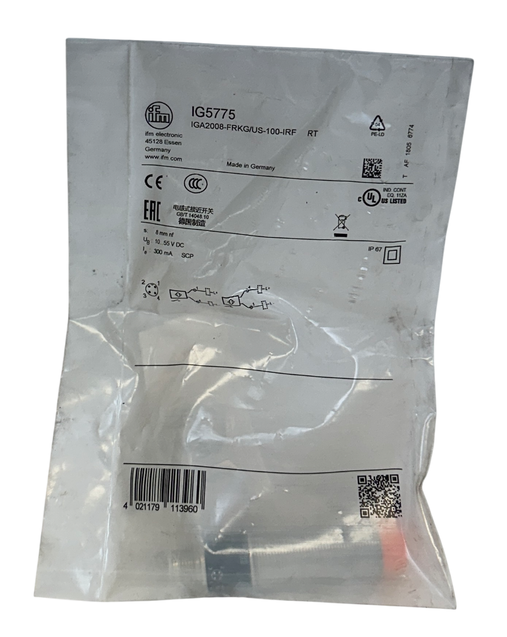IFM IGA2008-FRKG/US-100-IRF / IG5775 INDUCTIVE SENSOR 10-55VDC 8mm 300mA NSFS