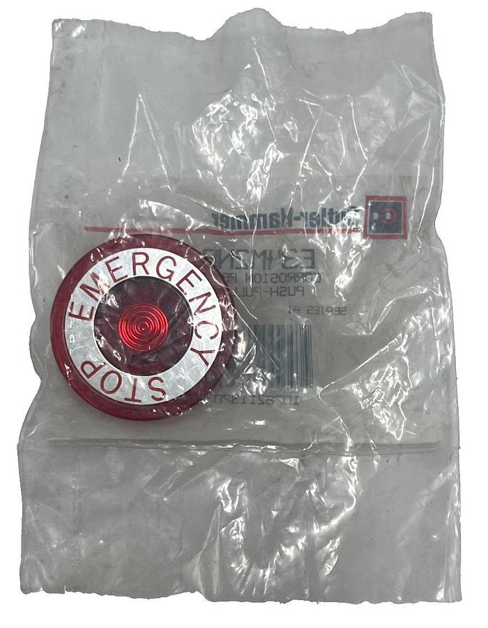 Used Cutler-Hammer E34M2N8 Red "EMERGENCY STOP" Lens for 30.5mm Illuminated Push-Pull