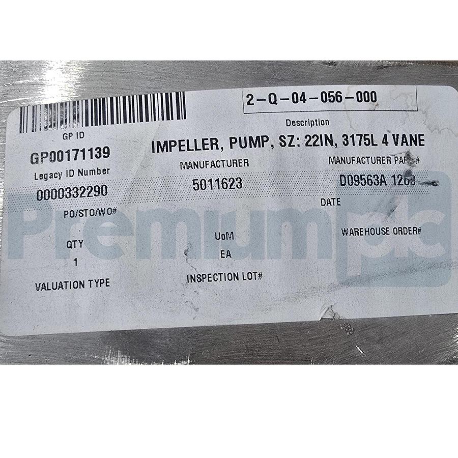 Used ITT Goulds Pumps D09563A-1203 Pump Impeller 22" 4 Vane 3175-L 12X14-22 316SS