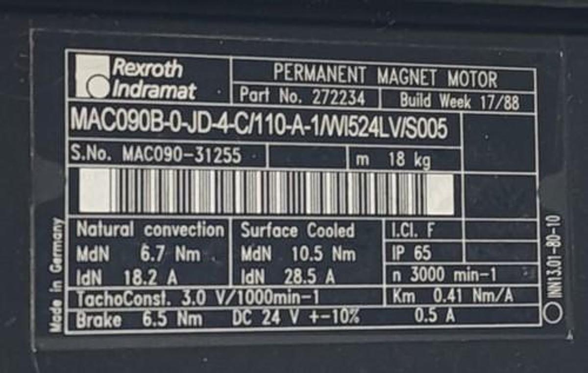 Used REPAIRED BOSCH INDRAMAT MAC090B-0-JD-4-C/110-A-1/WIS24LV/S005 SERVO MOTOR 272234