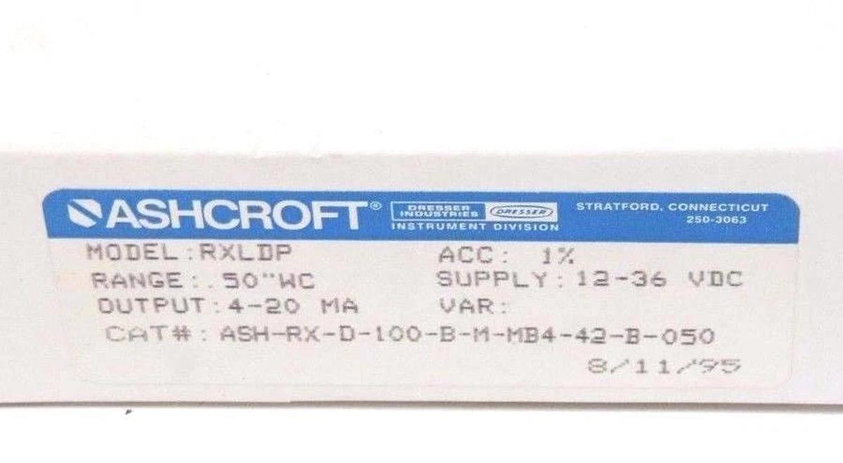 NIB ASHCROFT ASH-RX-D-100-B-M-MB4-42-B-050 PRESSURE TRANSMITTER 4-20MA, RXLDP
