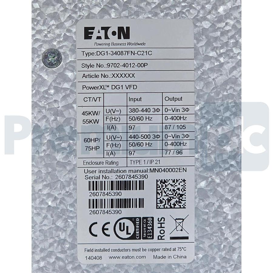 EATON DG1-34087FN-C21C PowerXL DG1 VFD 60/75HP 3P/440-500V 9702-4012-00P NSNP