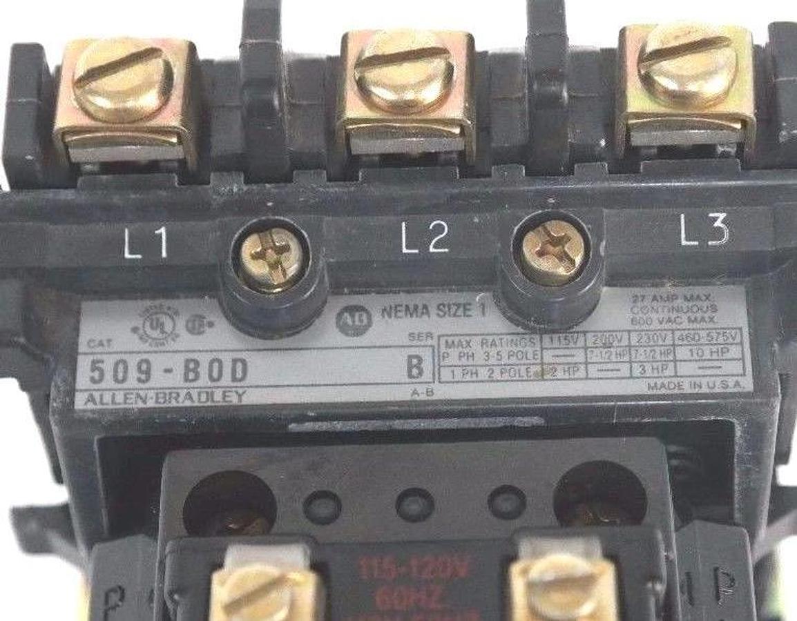 Used ALLEN BRADLEY 509-B0D STARTER SIZE 1, SERIES B, 27AMP, 115-120V COIL, 509B09
