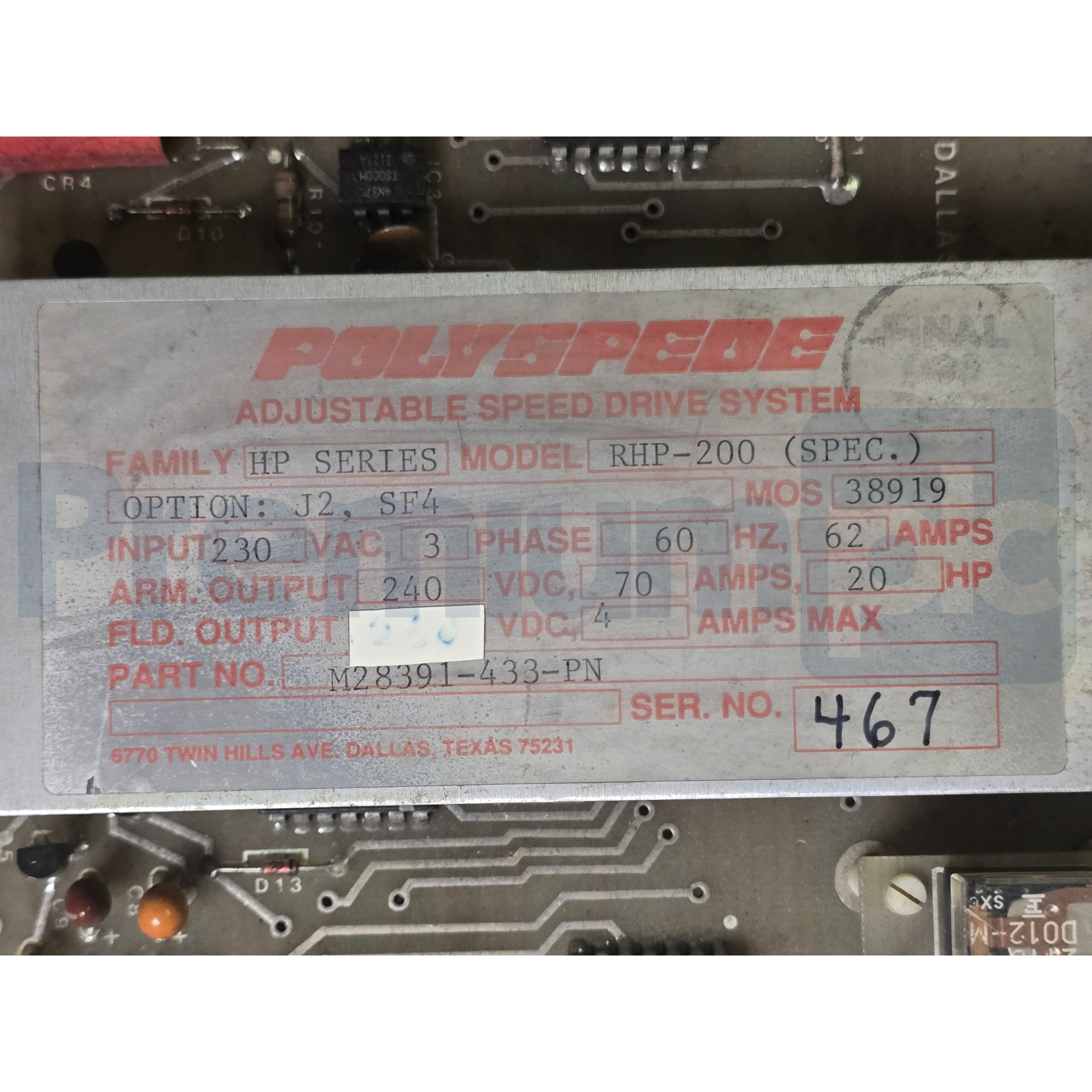Used Polyspede RHP-200 HP Series 3Ph SCR DC Speed Control Drive 20HP M28391-433-PN