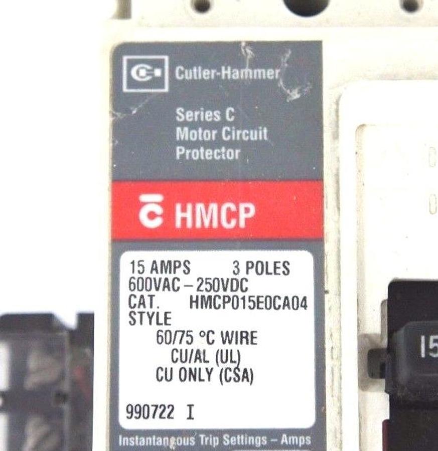Used CUTLER HAMMER HMCP015E0CA04 CIRCUIT BREAKER SER C, 15A, 600VAC-250VDC