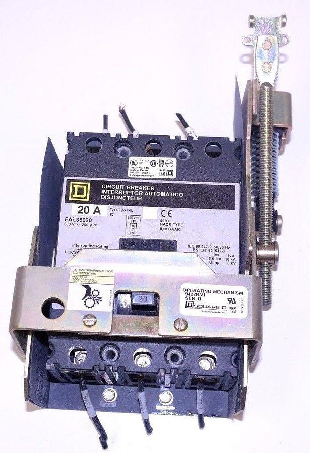 Used SQUARE D FAL36020 CIRCUIT BREAKER 20A 600V W/ 9422RN1 OPERATING MECHANISM SER. B