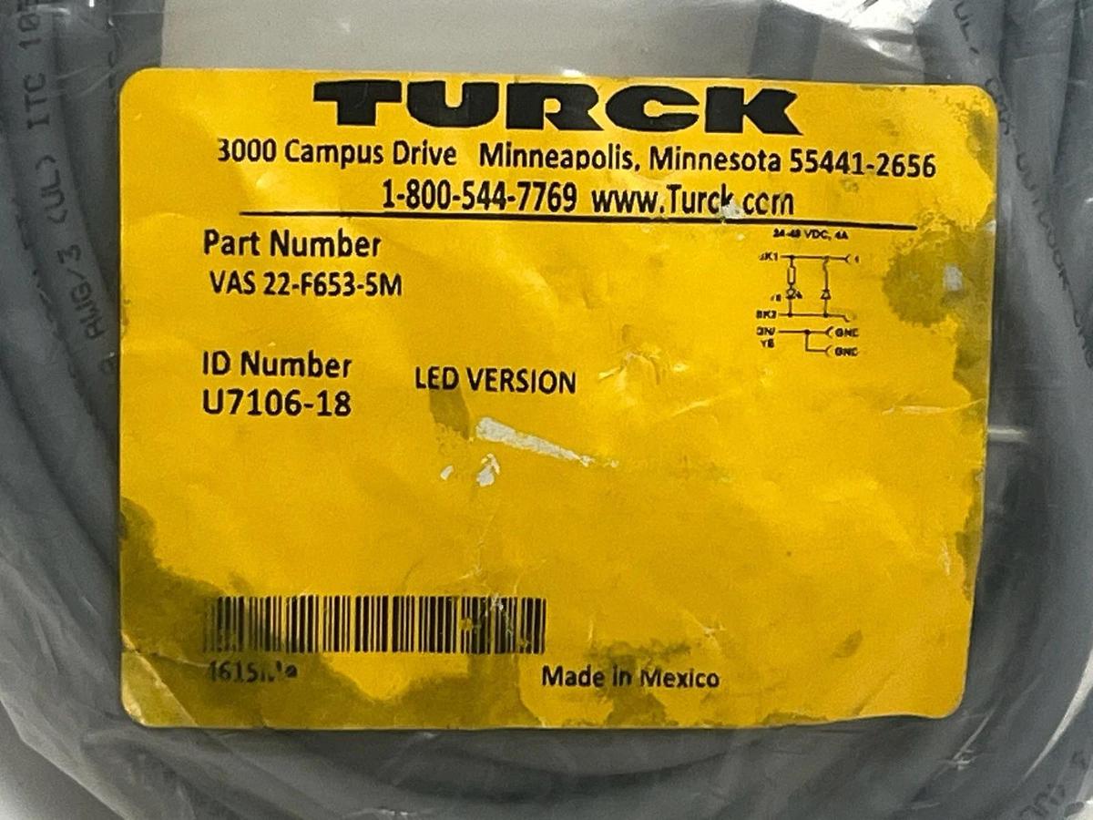 Used Turck VAS 22-F653-5M Female Valve Plug Type A 18mm 5m - NSFS