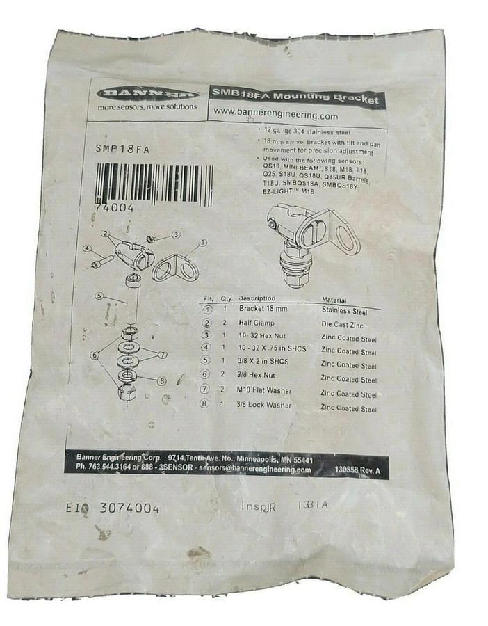 Used NEW BANNER SMB18FA BRACKET: KIT FOR 12 MM (1/2 IN.) 74004