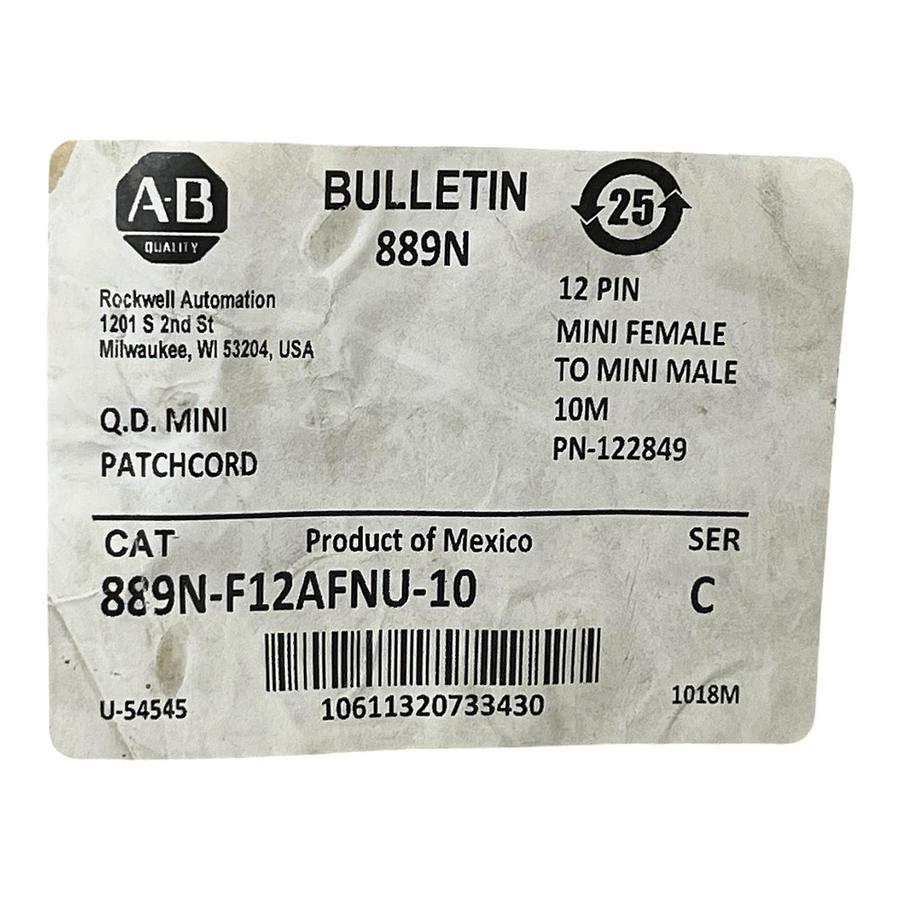 Used Allen-Bradley 889N-F12AFNU-10 Patchcord 12-Pin Female 10m 32.8ft 889NF12AFNU10
