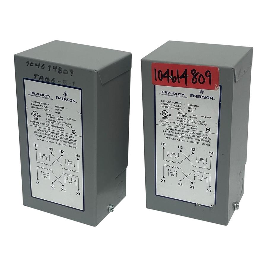 LOT OF 2 Emerson Sola Hevi-Duty HS20B150 Transformer .150KVA 120/240V 16/32V 1PH