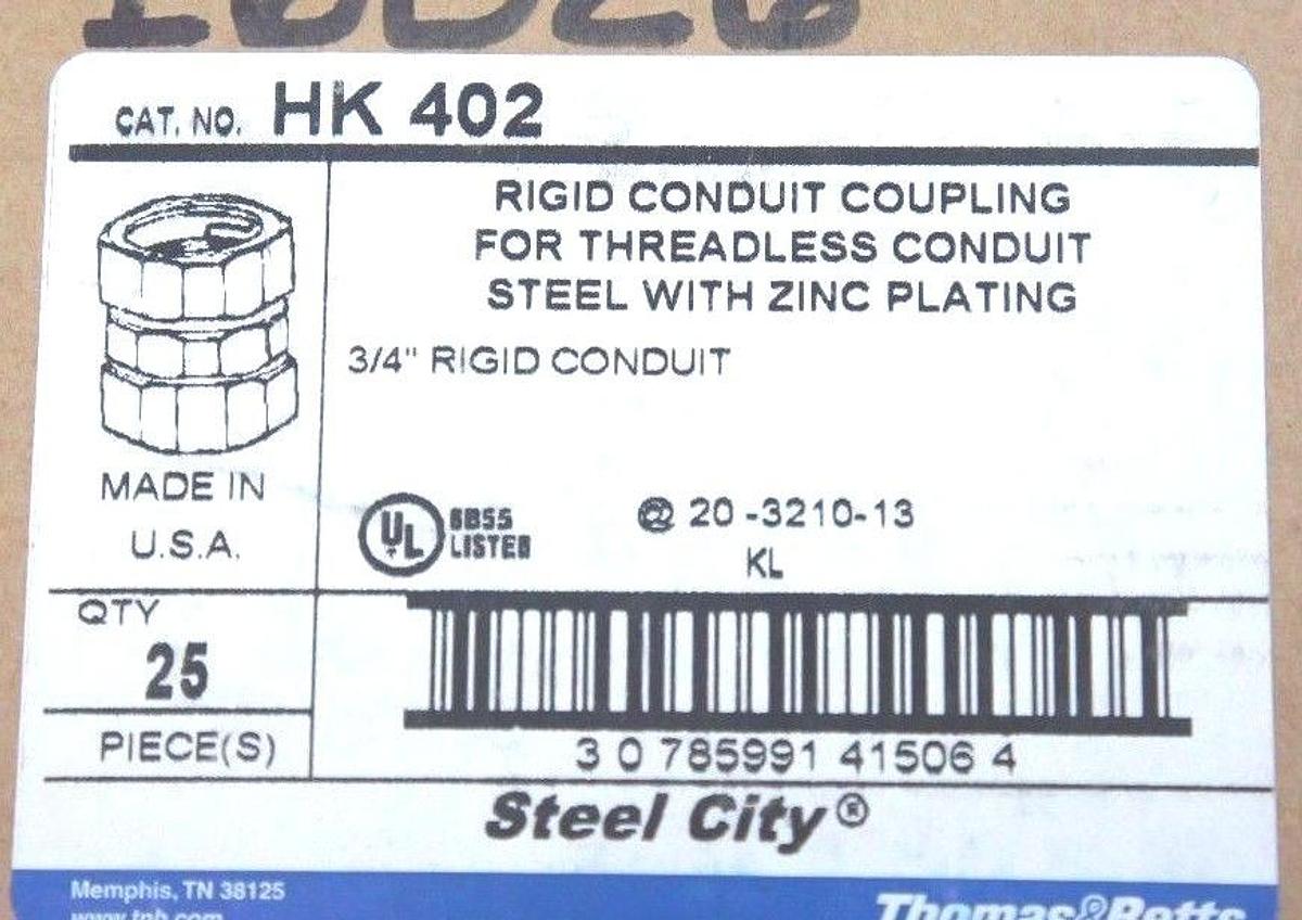 Used BOX OF 25 NEW THOMAS & BETTS HK-402 RIGID CONDUIT COUPLINGS 3/4" HK402