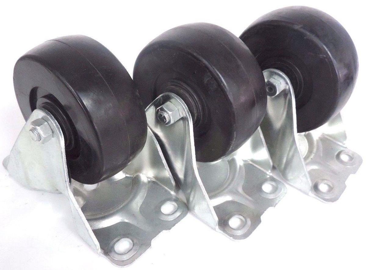 Used SET OF (3) NEW 1UKR7 RIGID PLATE CASTER WHEELS, 200 Lb, 4 In DIA. 1-5/8 In WIDE