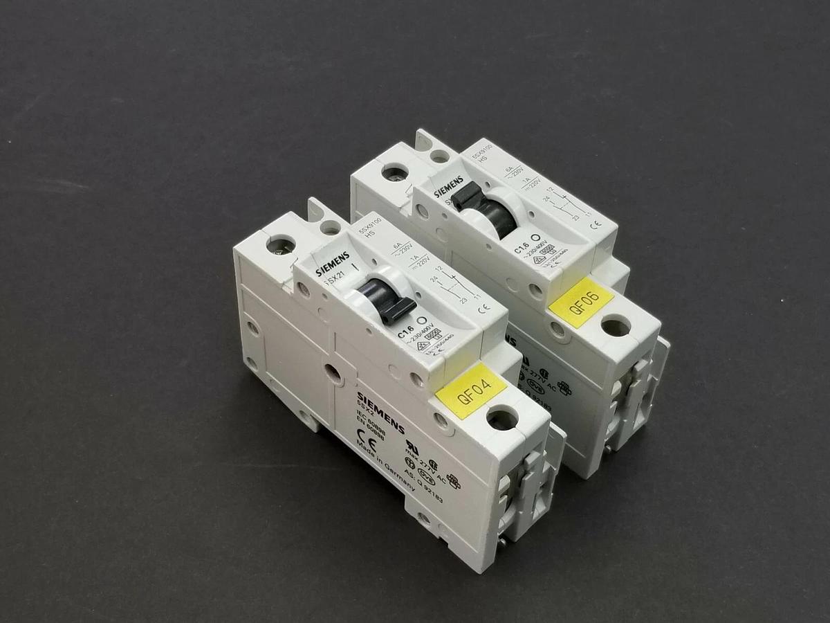 Used LOT OF 2 SIEMENS 5SX21-C1-6 CIRCUIT BREAKERS W/ 5SX9100-HS CONTACT BLOCKS