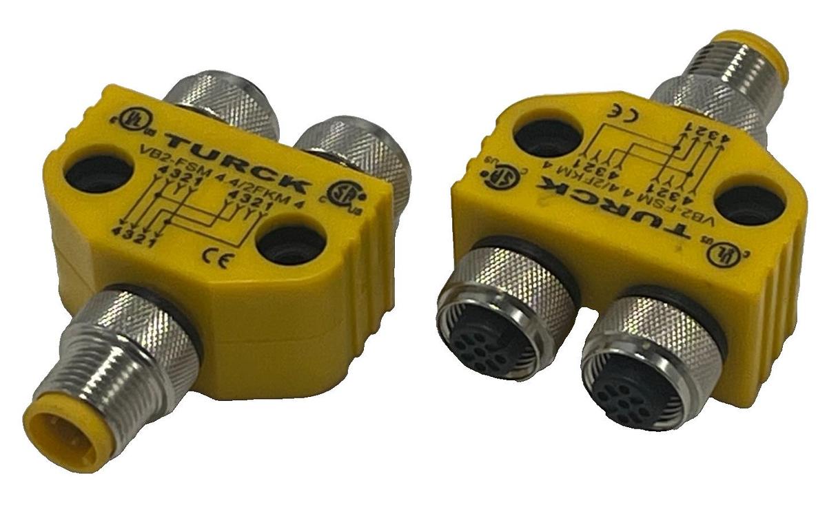 Used 2 Turck VB2-FSM4.4/2FKM4 M12 Y-Splitter 4-Pin Male to (2x) 4-Pin Female IP68 New