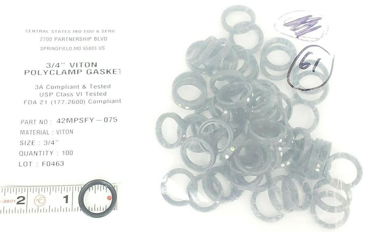 Used LOT OF 61 NEW CENTRAL STATES 42MPSFY-075 3/4" VITON POLYCLAMP GASKETS 42MPSFY075
