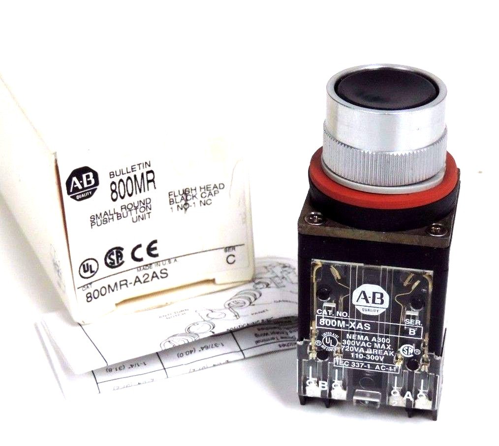 Used NIB ALLEN BRADLEY 800MR-A2AS SER. C SMALL ROUND PUSH BUTTON BLACK, 800MRA2AS