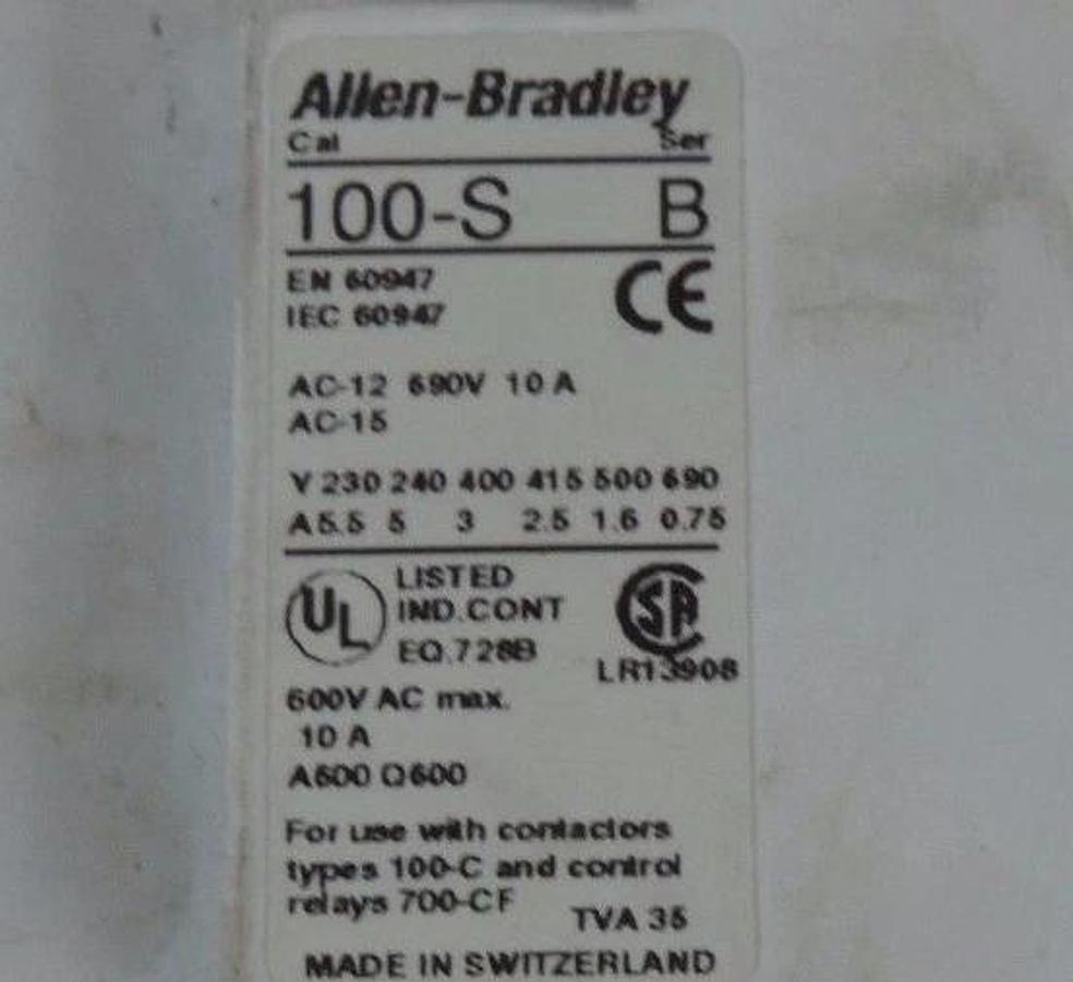 Used ALLEN BRADLEY 100-C37Z00 CONTACTOR SER C 24VDC COIL 100-SB10 AUX CONTACT SER B