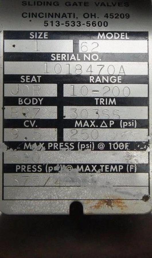 Used JORDAN VALVE MODEL: 62 SIZE: 1 SLIDING GATE VALVE
