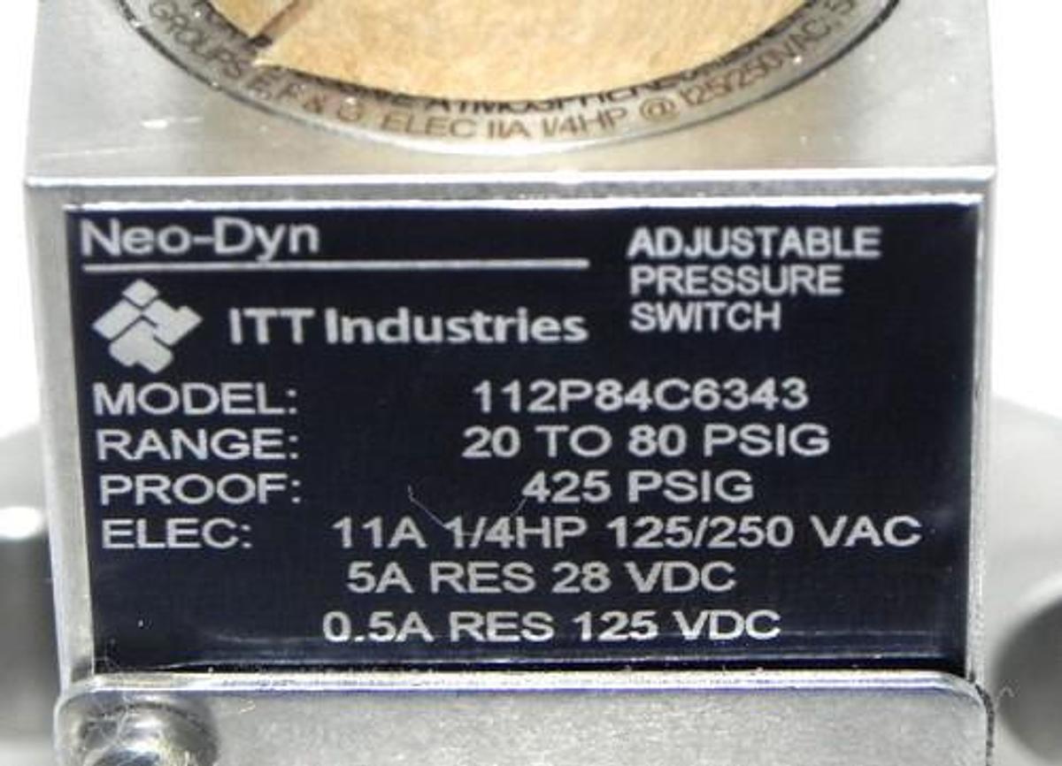 Used NEW NEO-DYNE 112P84C6343 ADJUSTABLE PRESSURE SWITCH
